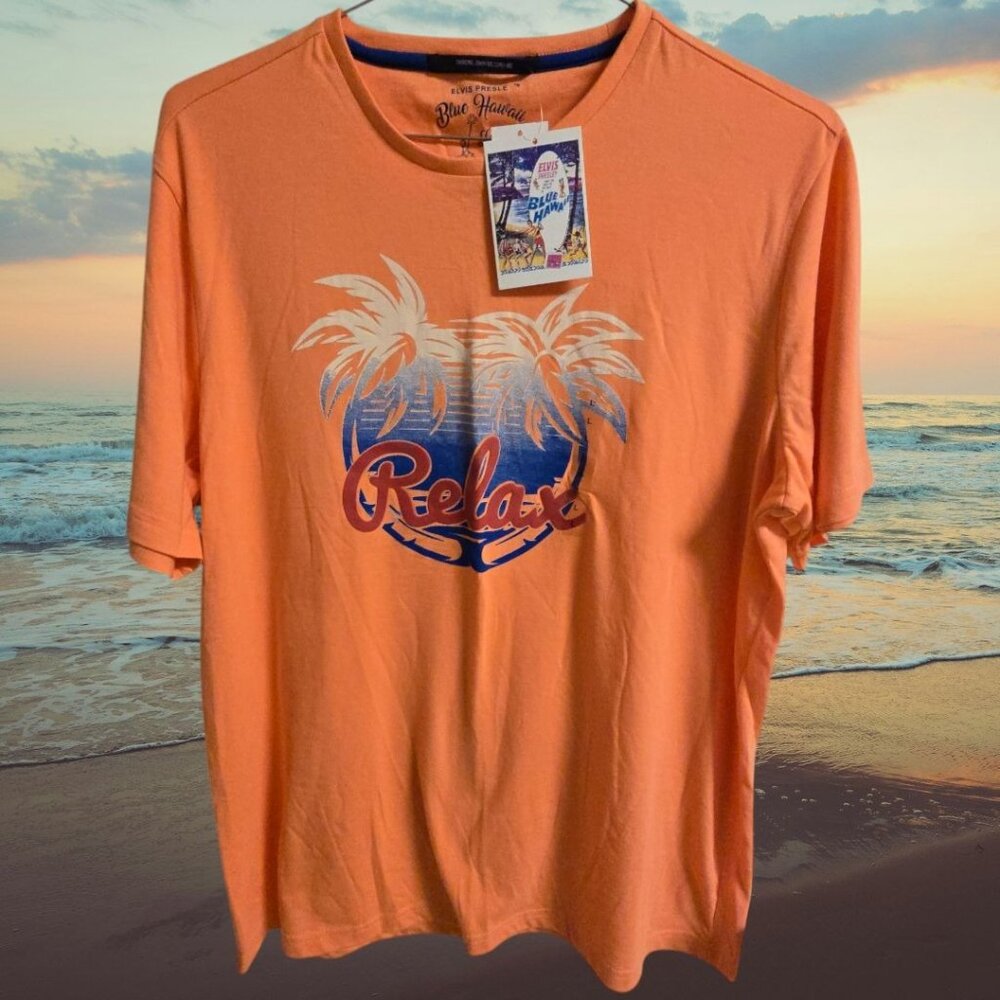 NWT Elvis Presley Blue Hawaii T-Shirt L Peach SS Relax 3-D Print With Palm Trees